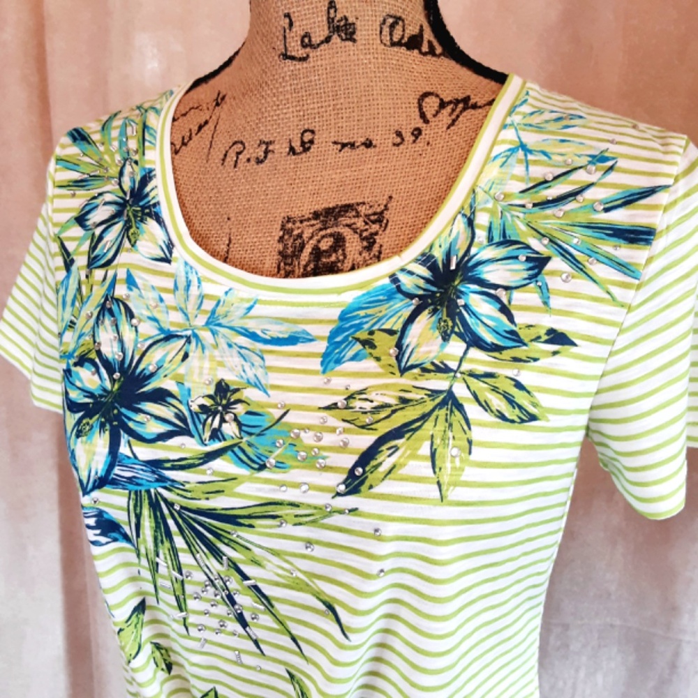 Embellished Light Green White Stripe Short Sleeve Shirt Blue Flowers Beads Sz PS